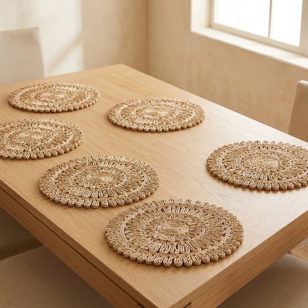 Five round woven straw placemats in a natural tan color arranged on a light wood table in a bright, modern room.