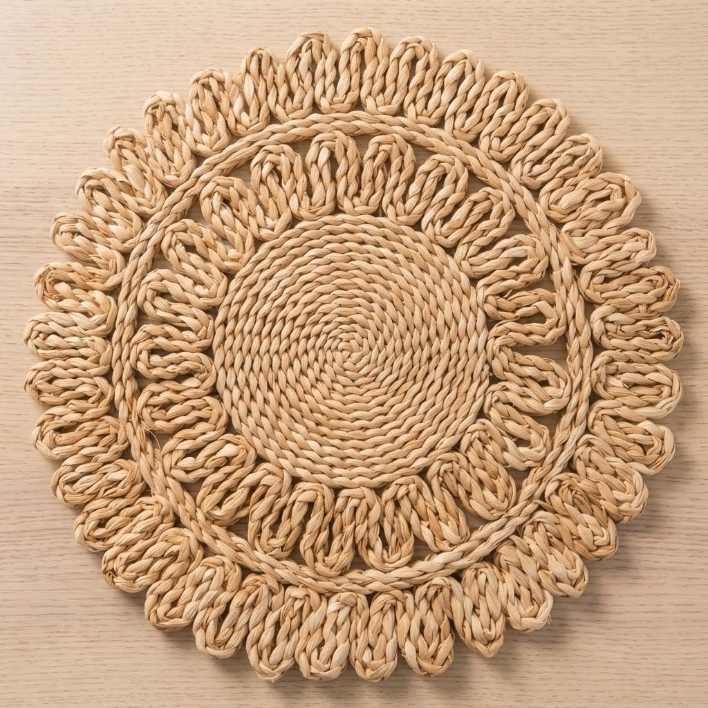 A round woven placemat with a sunburst or rosette pattern, made from natural tan jute or raffia on a light wood background.