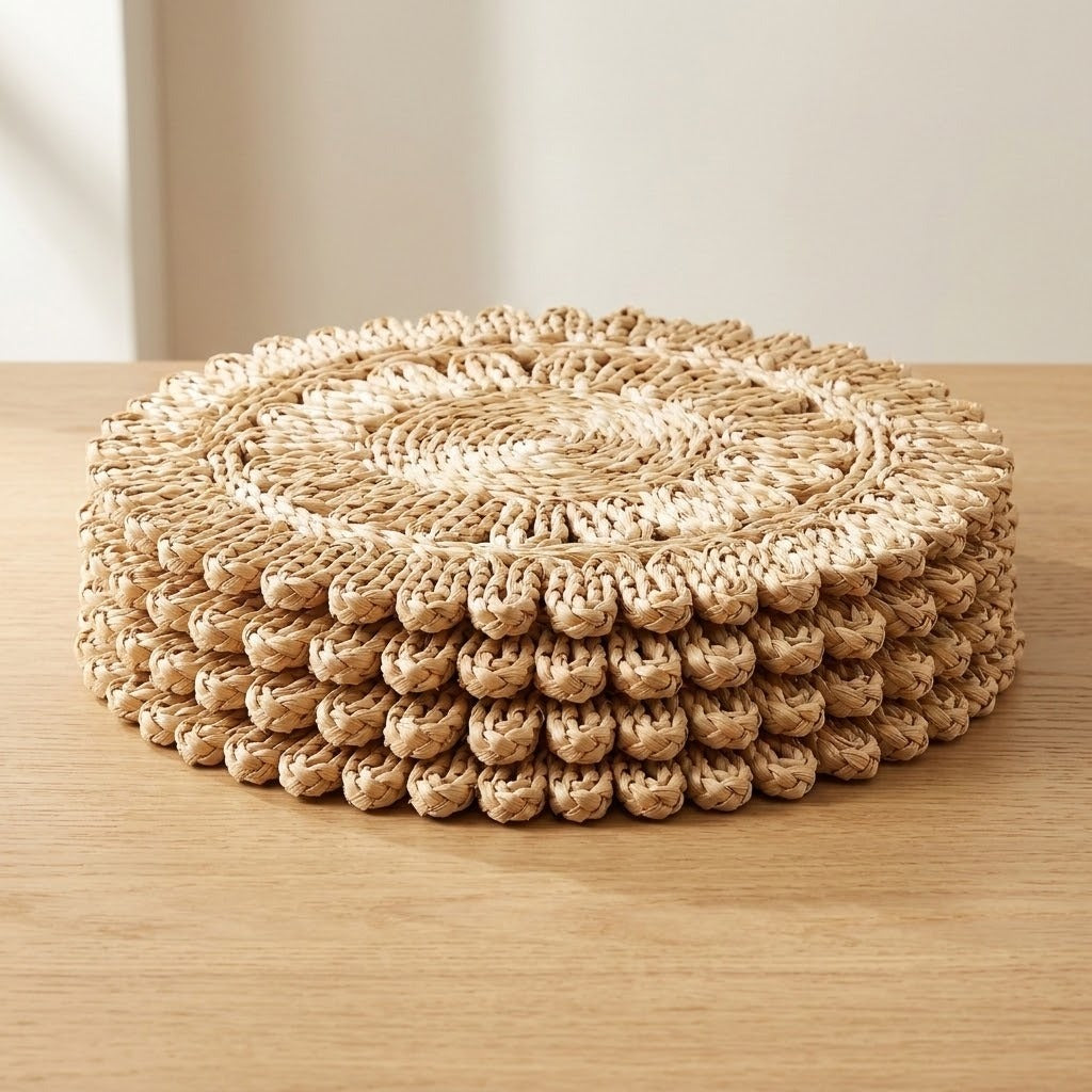 A stack of round woven seagrass coasters with a textured bumpy edge, displayed on a light wood tabletop against a neutral beige background.