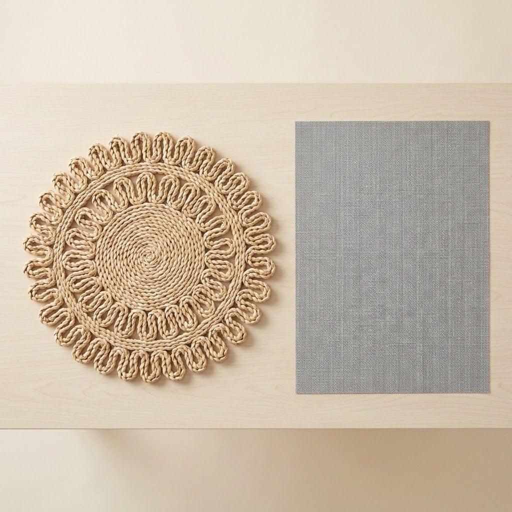 A natural woven round placemat with a scalloped edge sits next to a rectangular gray placemat on a light wood tabletop.