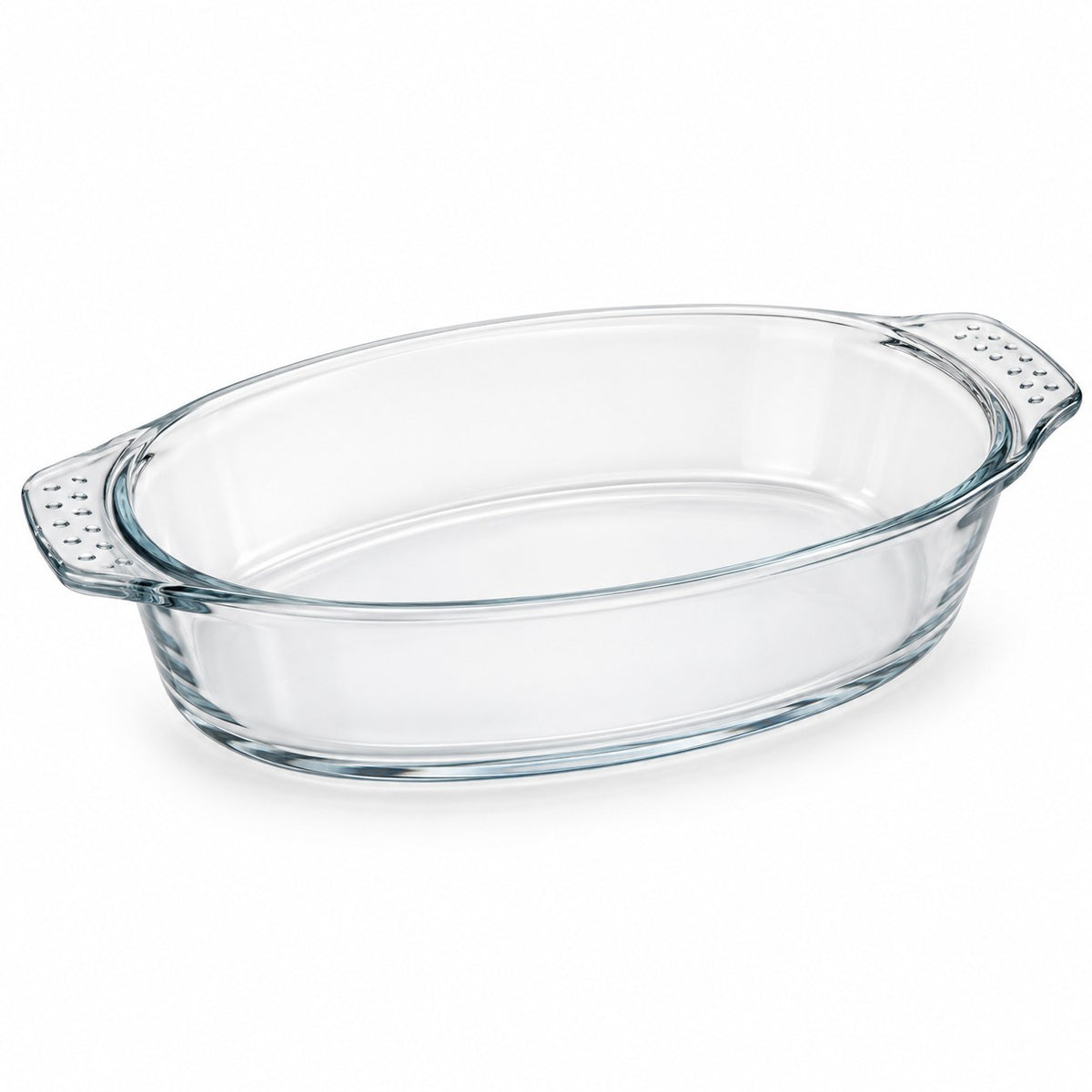 One empty oval borosilicate glass baking dish with integrated textured handles on white.
