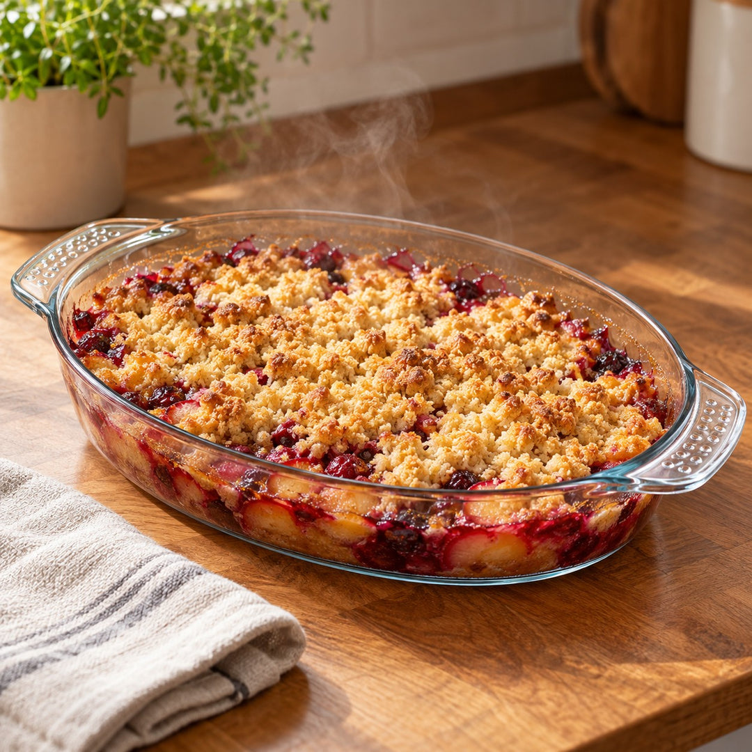 Oval glass baking dish holds a steaming fruit crumble on a kitchen counter, ready to serve.