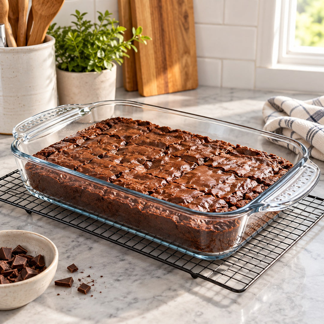 Rectangular glass baking dish with brownies cooling on a bright kitchen counter.