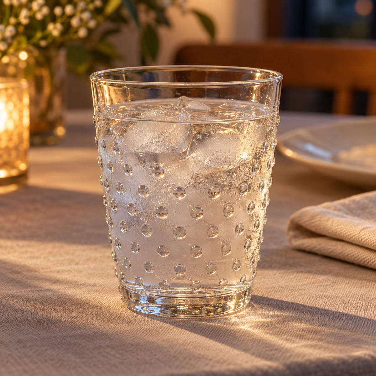 Clear embossed dot drinking glass holds chilled water on a softly lit dining table.