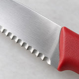 Macro detail of the Serrated Steak Knife's stainless steel teeth and textured red resin handle.