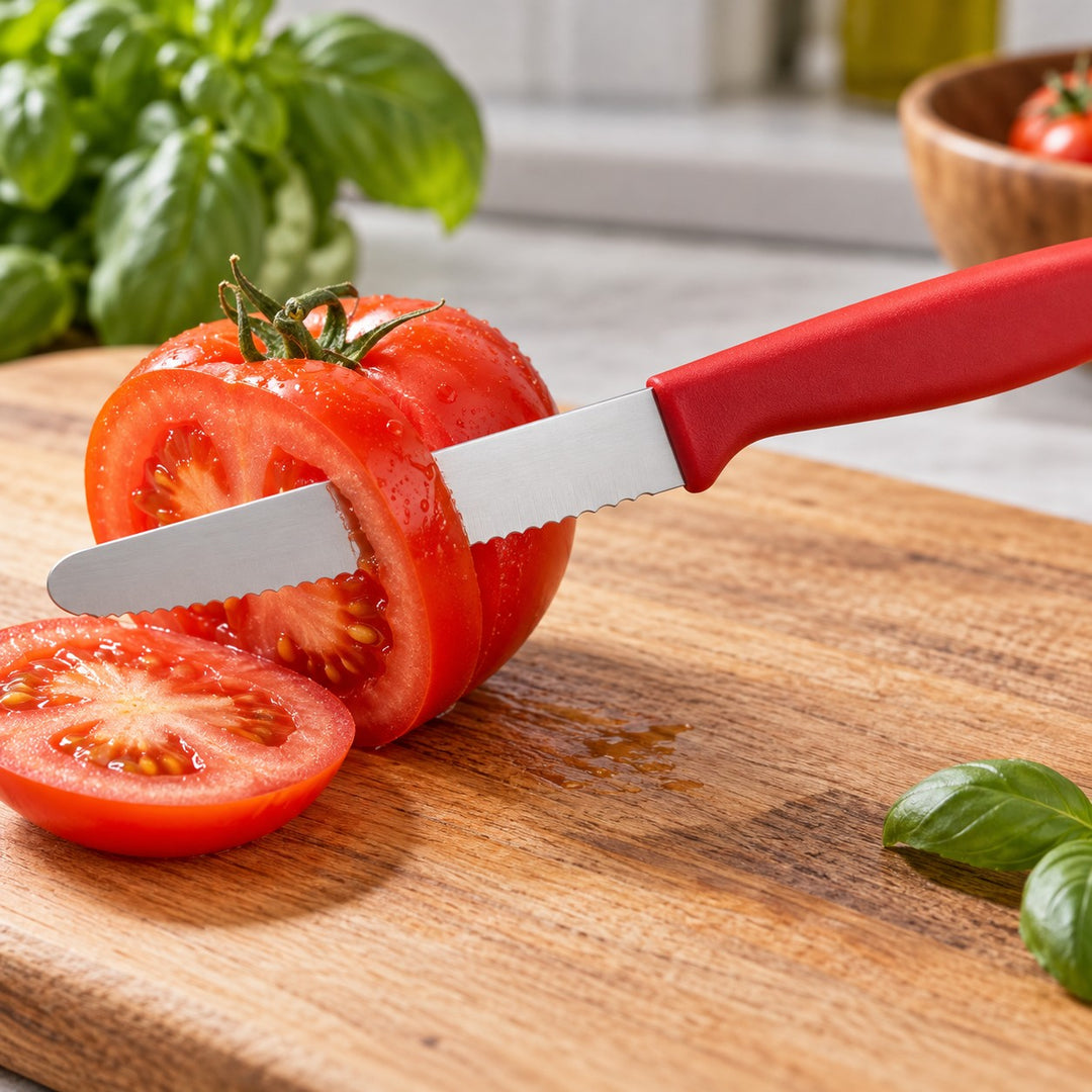 A red Serrated Steak Knife slices through a ripe tomato on a kitchen cutting board.