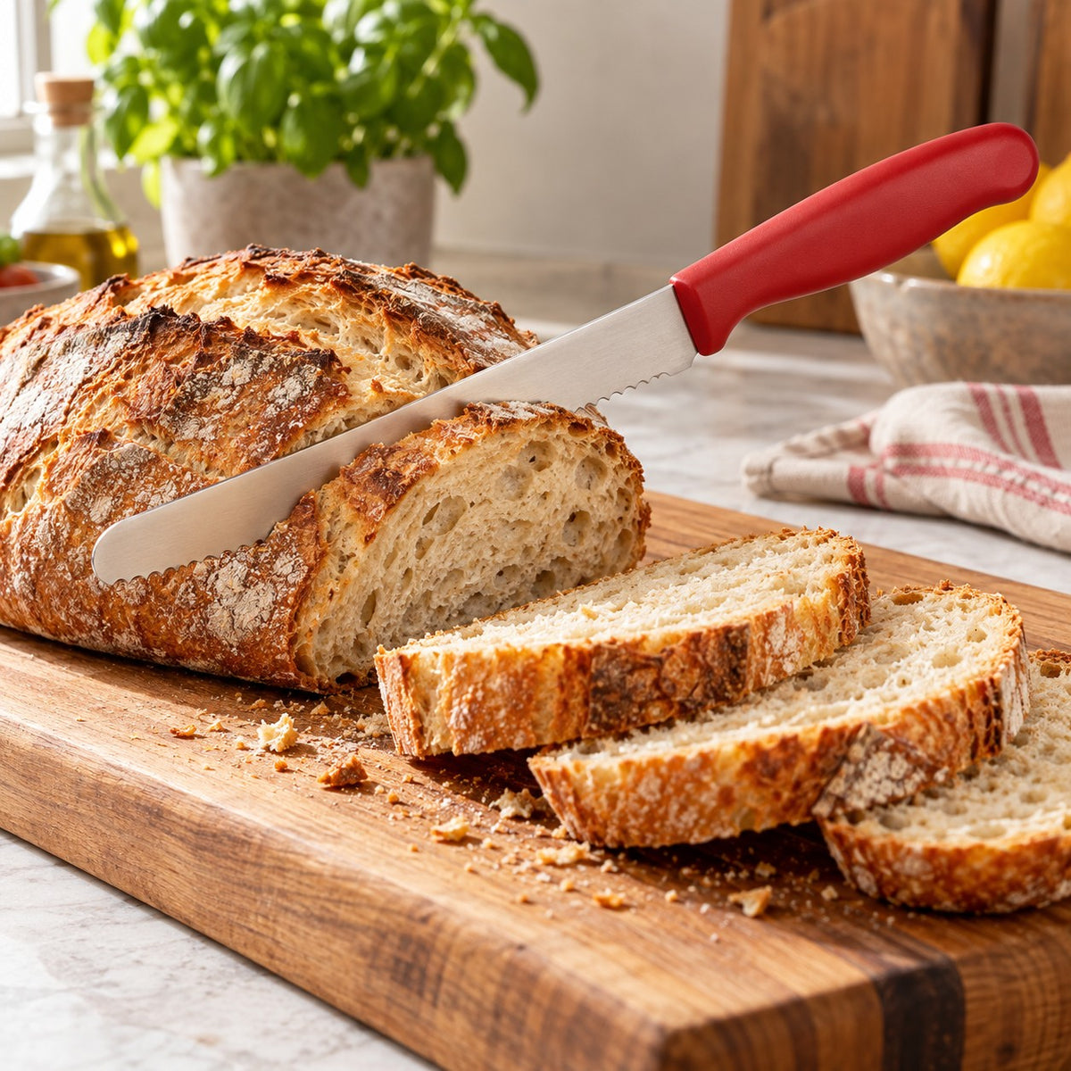 A red Serrated Steak Knife cuts crusty bread on a wooden board in a bright kitchen.