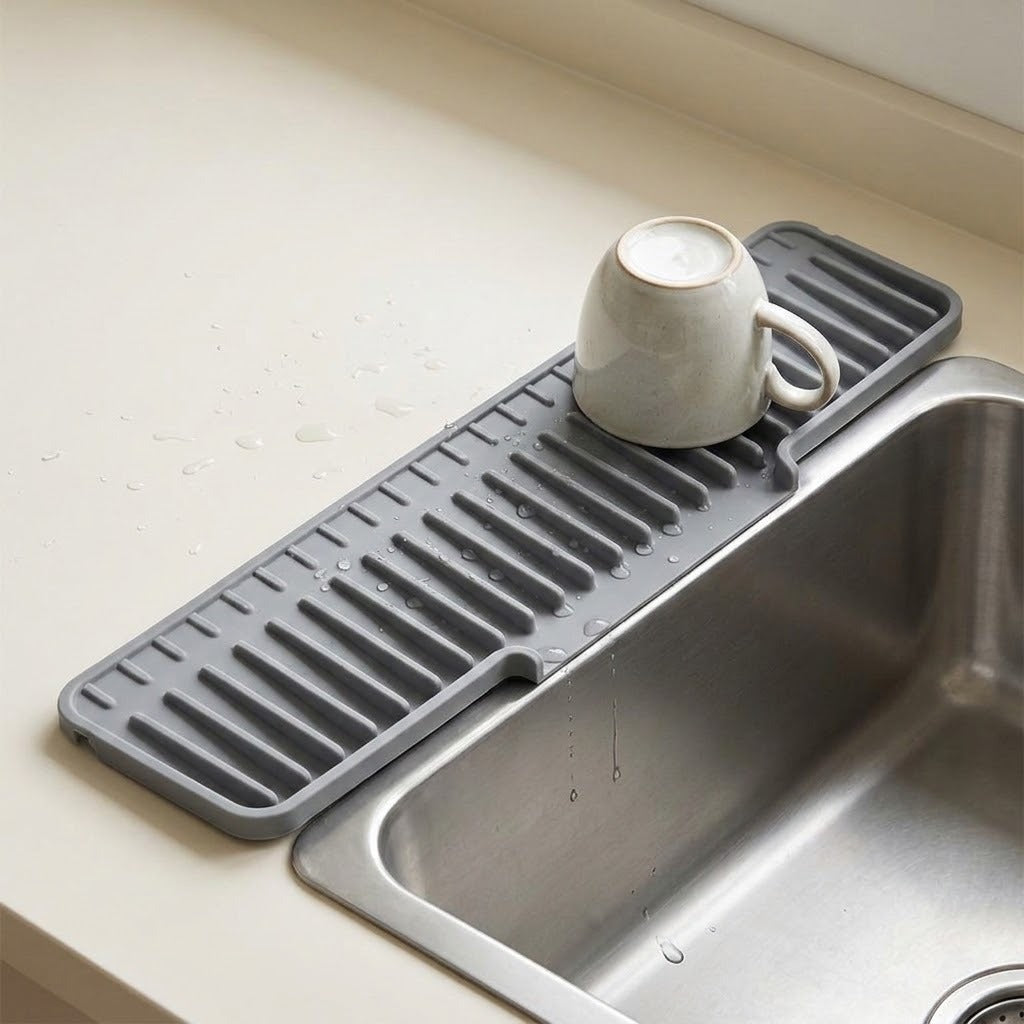A gray silicone kitchen sink drain guard with integrated cup holder, shown installed over a stainless steel sink on a beige countertop with a ceramic mug resting on it.