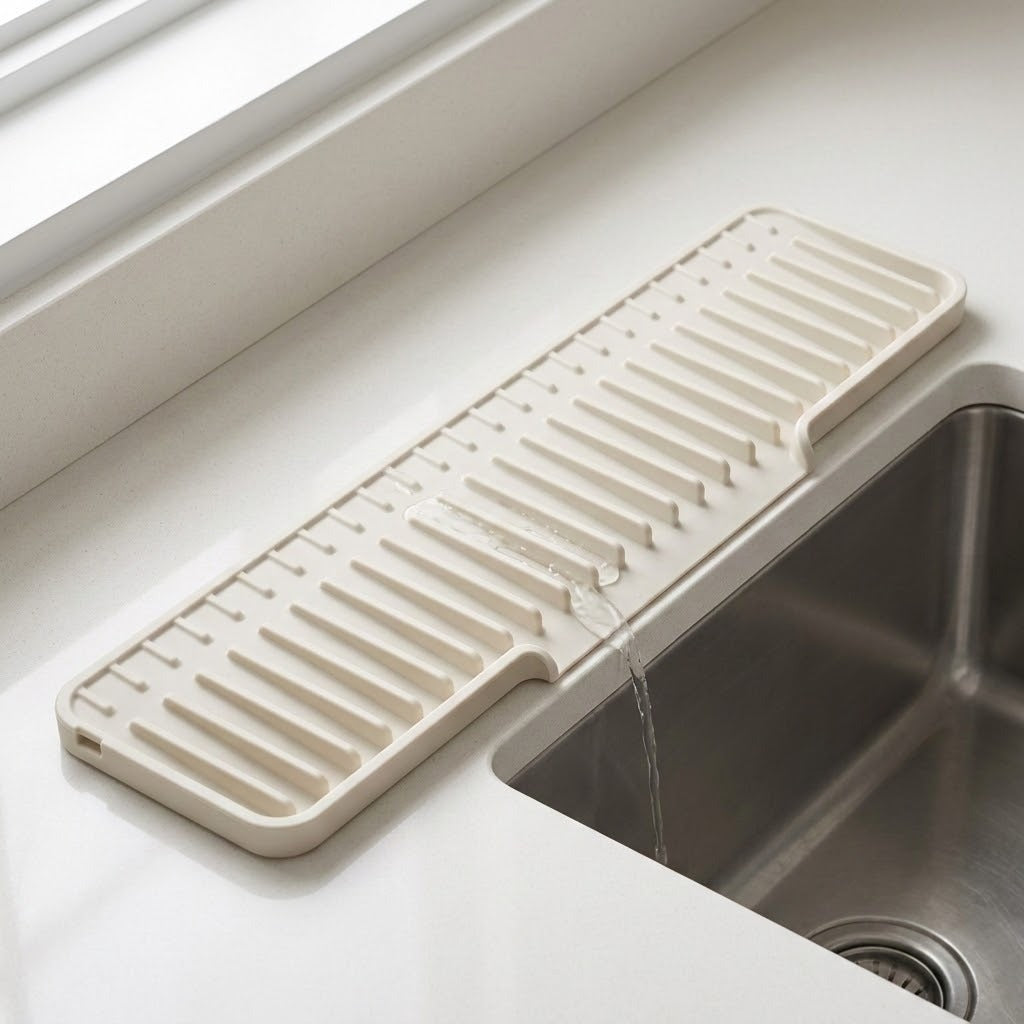 An off-white plastic kitchen sink drain guard with ridges, shown installed over the edge of a stainless steel sink with water draining into it.