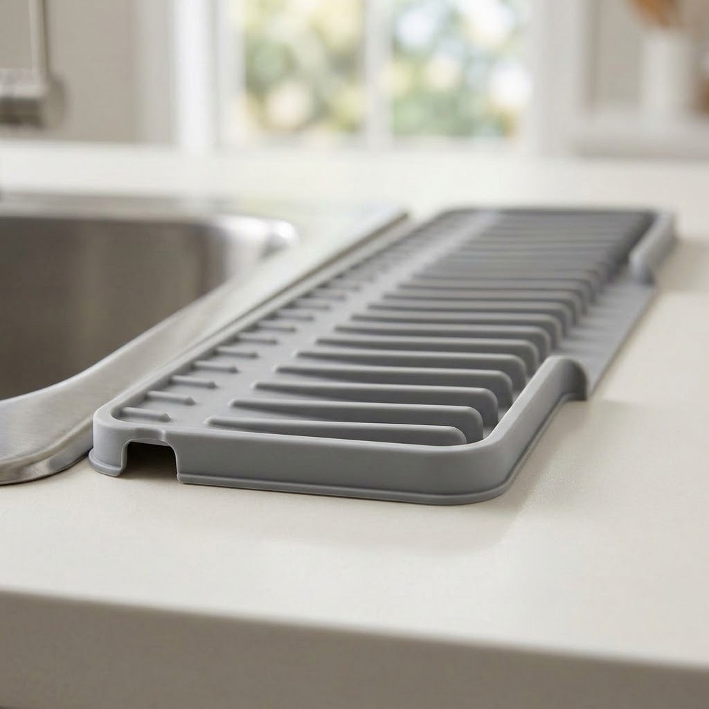 A gray silicone kitchen drying rack with a slotted design, shown resting on a light countertop next to a stainless steel sink in a kitchen setting.