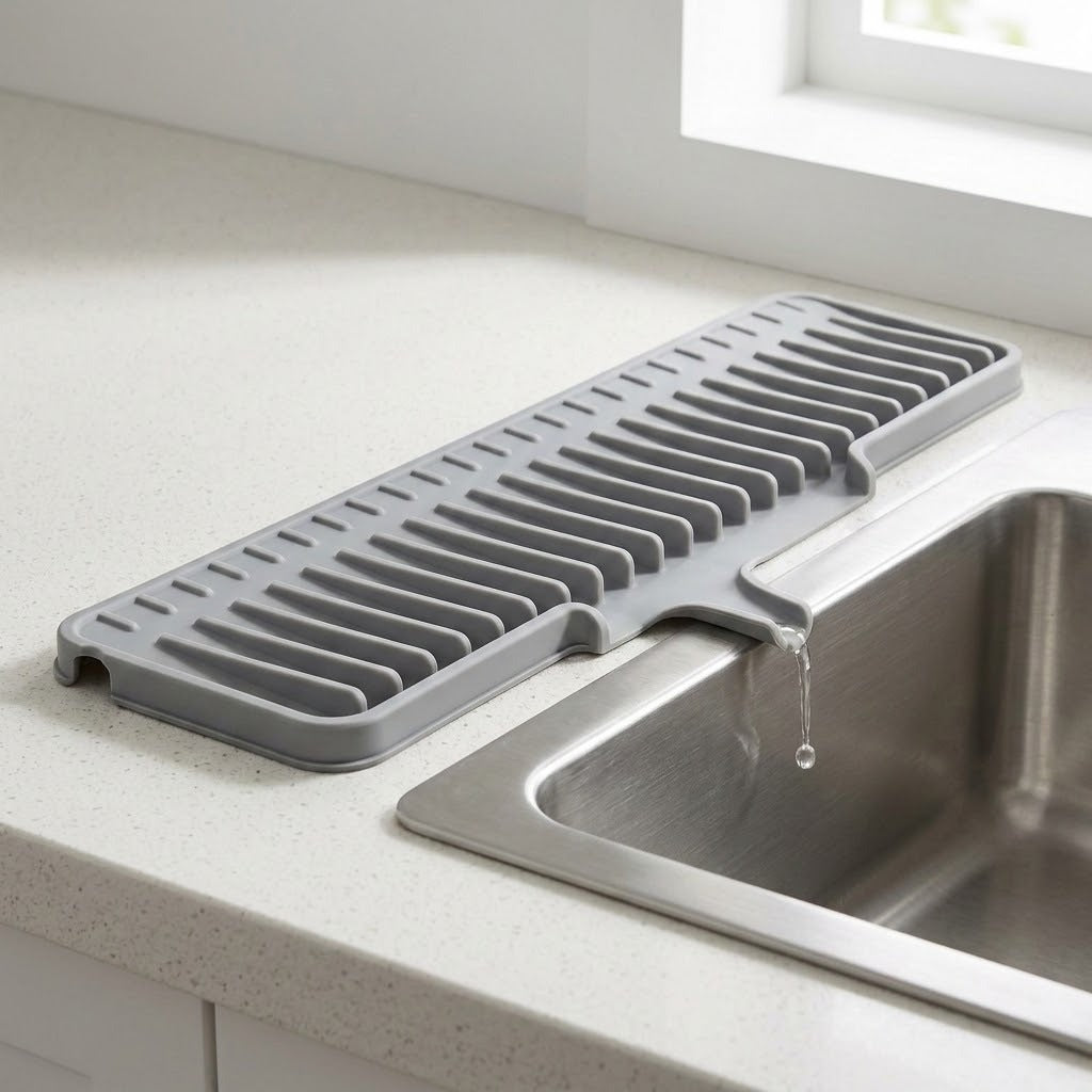 A gray silicone kitchen drying rack with a slotted design, shown resting on a speckled white countertop next to a stainless steel sink with water dripping into it.