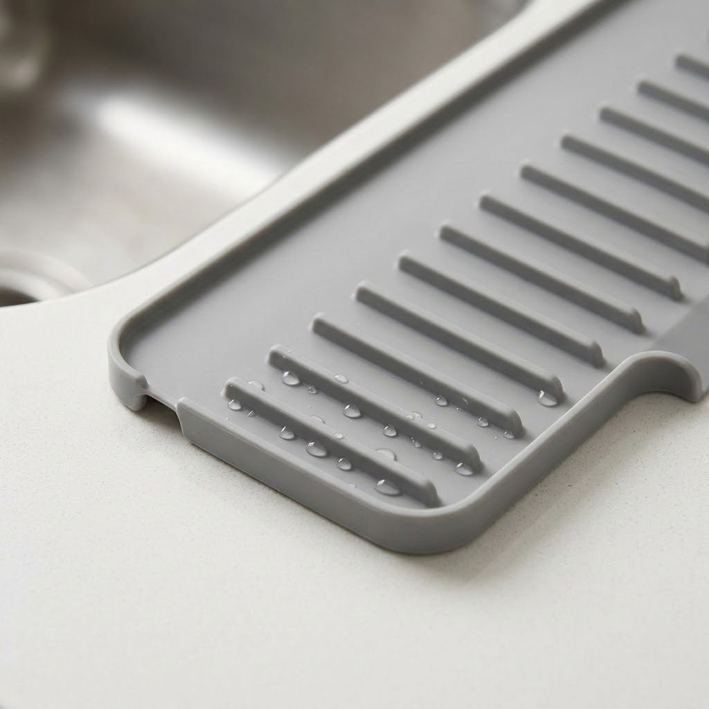 A gray silicone kitchen drying rack with slotted drain channels and water droplets, shown resting on a white countertop near a stainless steel sink.