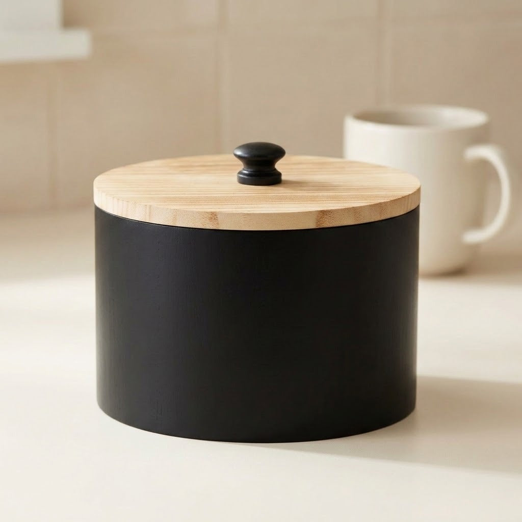 A matte black cylindrical storage jar with a light natural wood lid and a small black knob, shown on a countertop with a blurred white mug in the background.