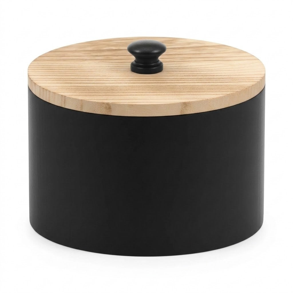 A cylindrical black container with a light natural wood lid and a small black knob on top, shown on a plain white background.