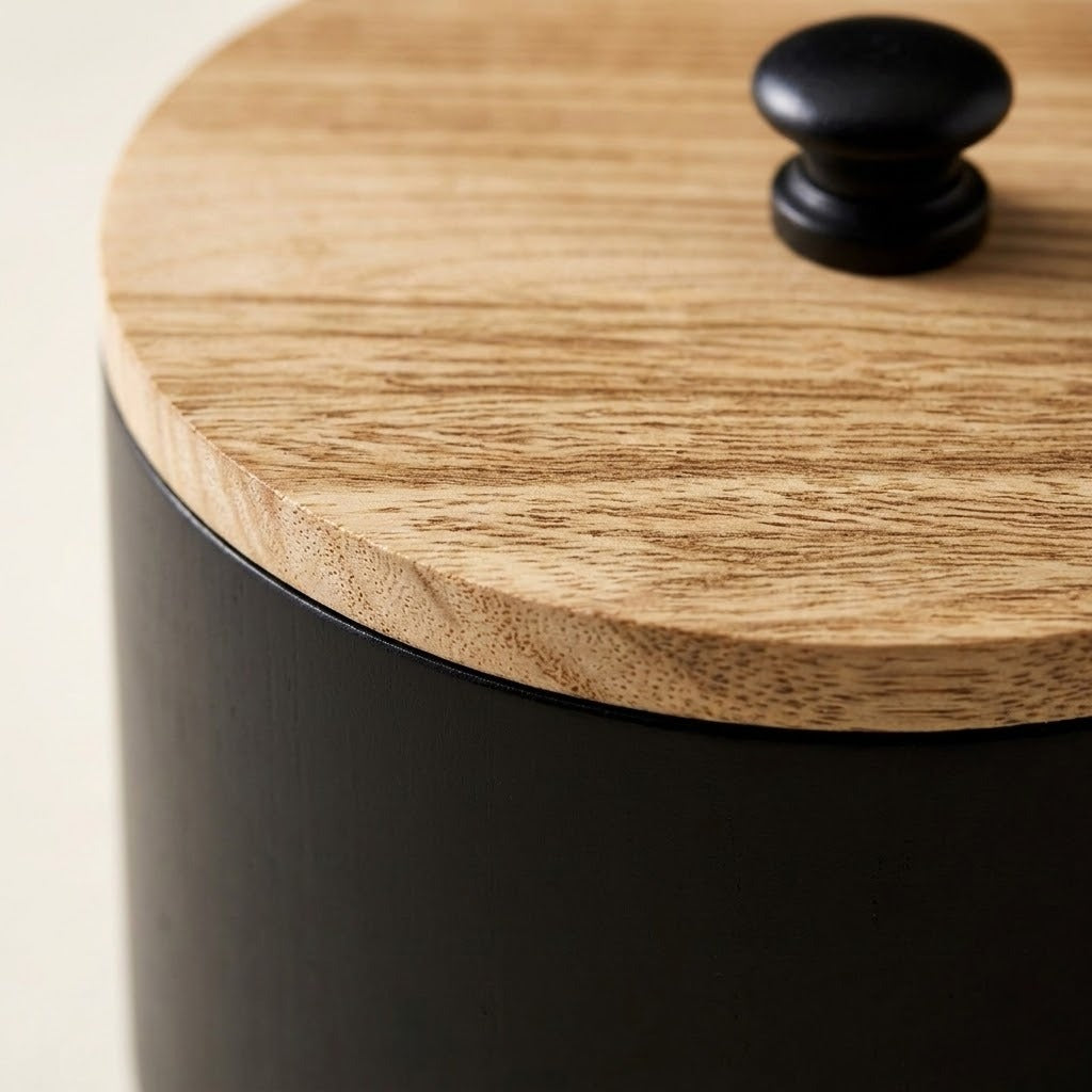 Close-up of a cylindrical black container with a round light oak wood lid and a black round knob, shown against a light neutral background.
