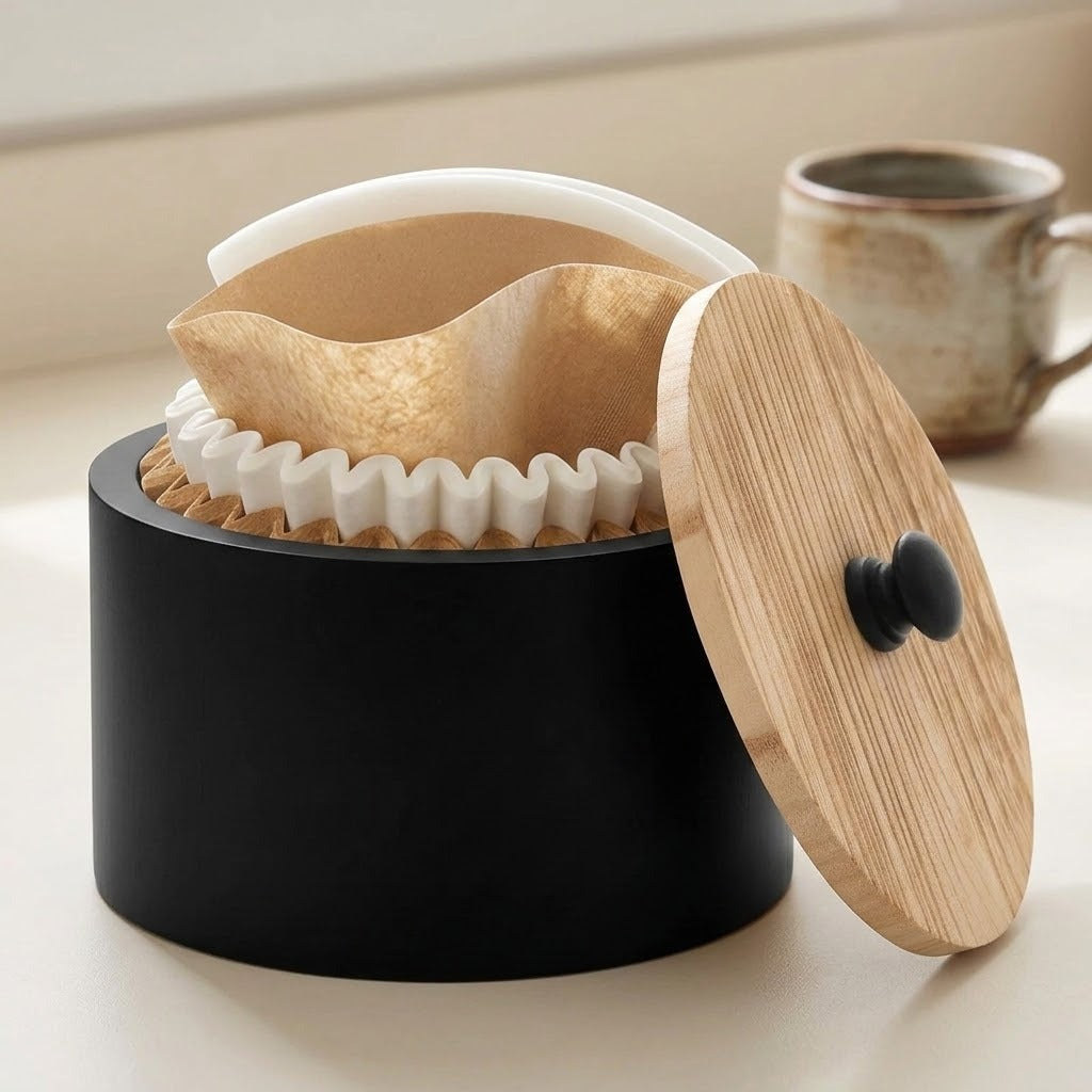 A black cylindrical coffee maker container with a light wood lid leaning against it, shown open with a white and beige paper filter inside. A ceramic mug sits blurred in the background on a light tabletop.