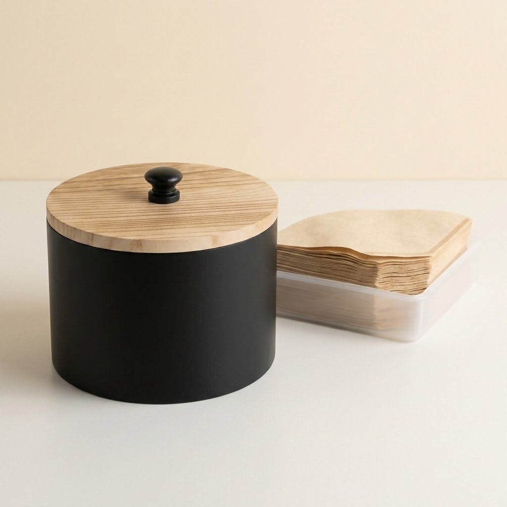 A matte black cylindrical storage jar with a light natural wood lid and black knob, shown next to a stack of matching wood-edged paper napkins in a clear container on a light beige background.