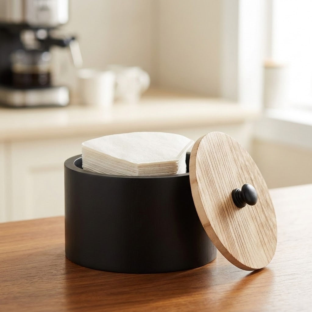 A matte black cylindrical container with a round light wood lid leaning against it, sitting on a wooden table in a softly blurred kitchen setting.
