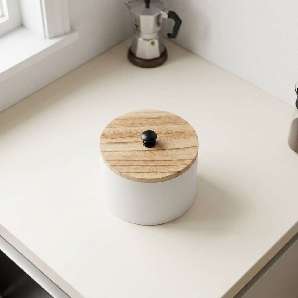A white cylindrical storage jar with a round light wood lid and a small black knob, sitting on a cream-colored countertop in a bright kitchen setting.