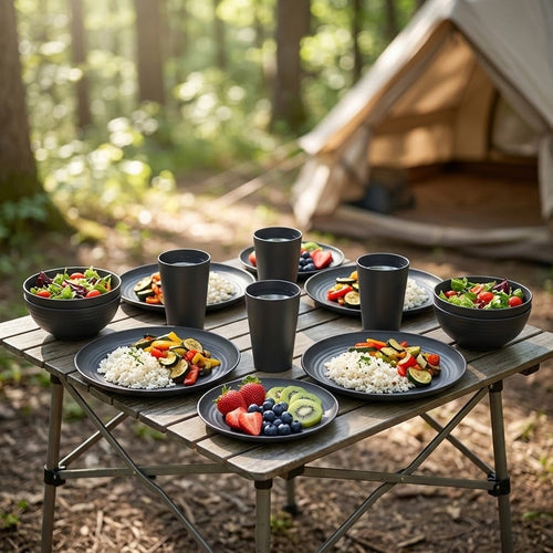A camping table set outdoors in a forest with bowls of salad, plates of rice and sliced fruit, and several matte black cups. A beige tent is blurred in the background.