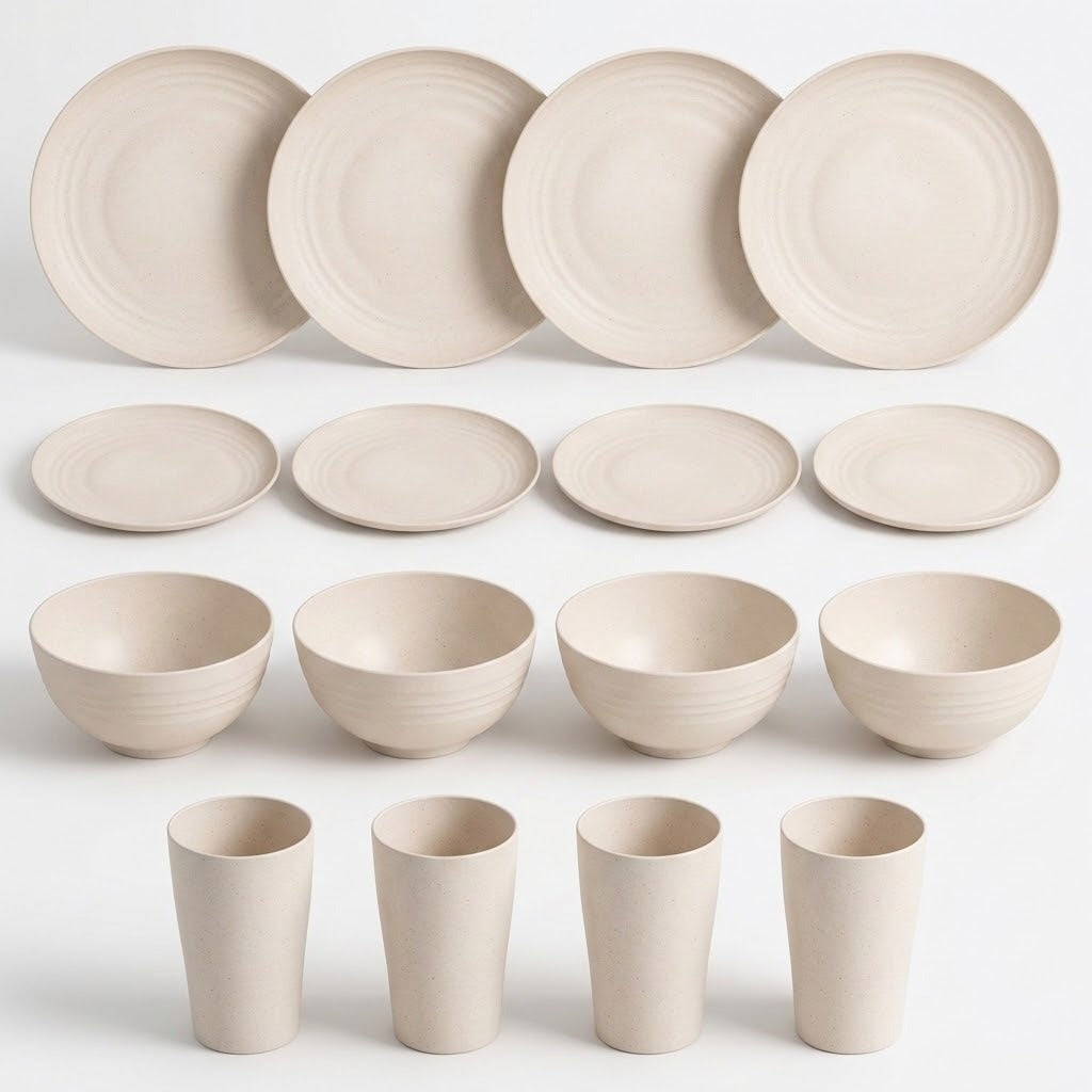 A coordinated ceramic tableware set in a warm off-white or cream tone, arranged on a light gray background. The set includes four large round plates, four smaller round plates, four bowls, and four tapered cups.