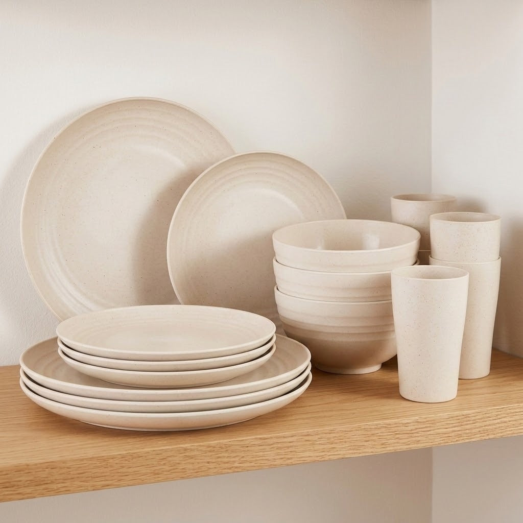 A coordinated ceramic dinnerware set in a warm off-white or cream tone, arranged on a light wood shelf against a neutral wall. The set includes large and small plates, bowls, and cups with subtle concentric ring texture.
