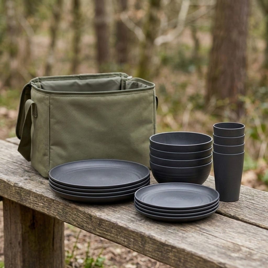 A dark gray dinnerware set including plates, bowls, and cups arranged on a rustic wooden bench outdoors, with an olive green insulated bag in the background among blurred trees.