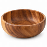 One empty acacia wood salad bowl shown alone on a pure white background.