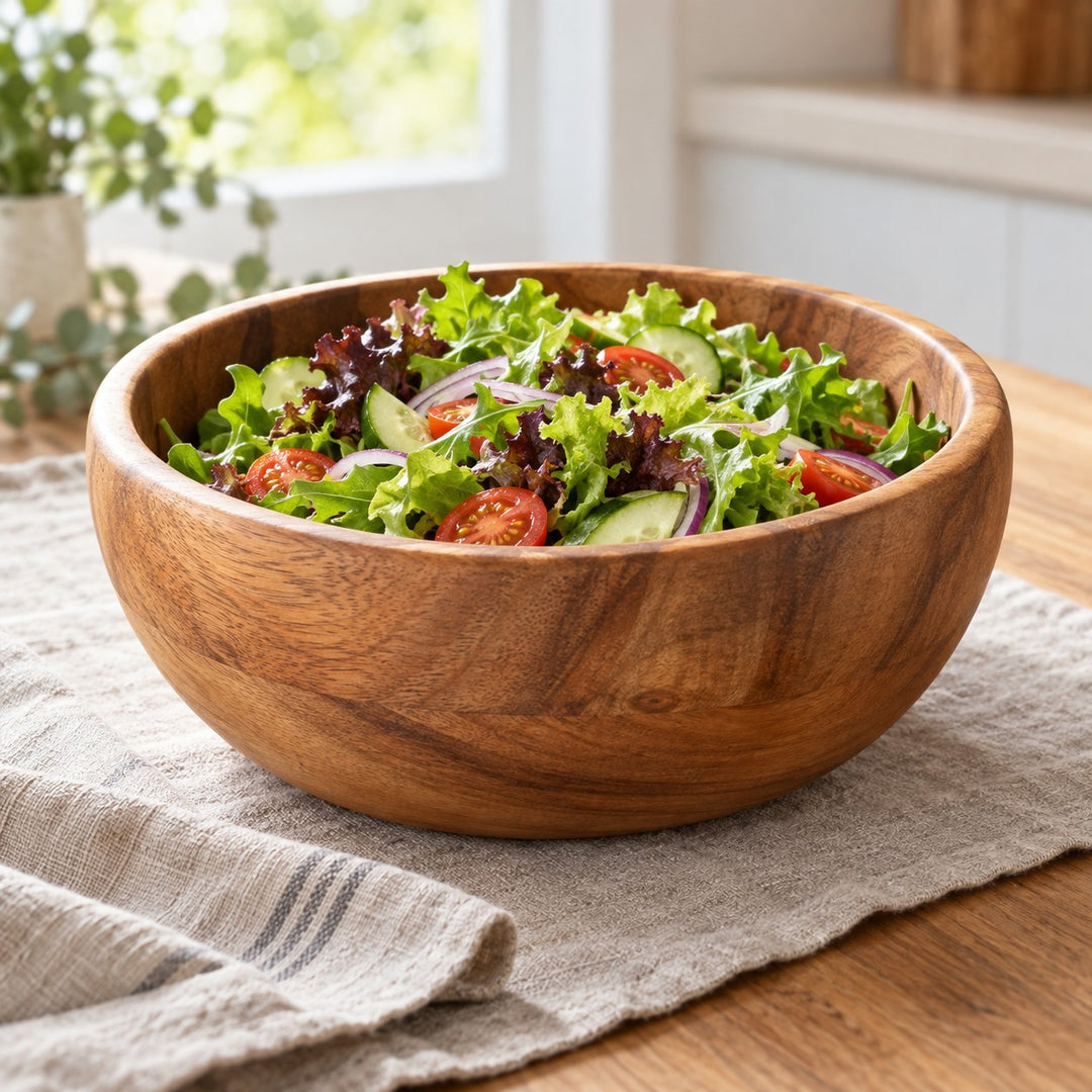 Acacia wood salad bowl serving fresh salad at a softly lit kitchen table.