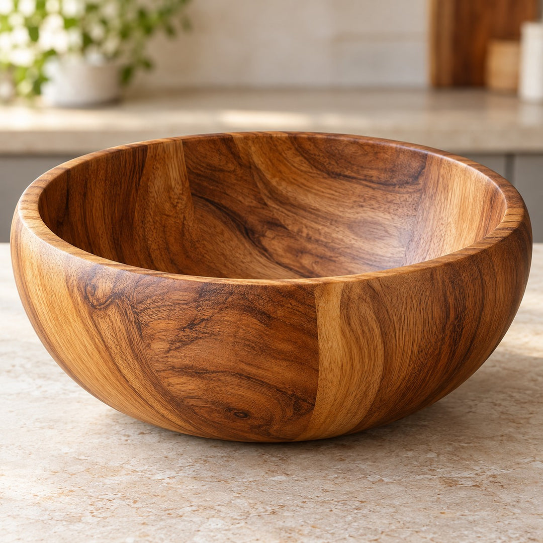 Acacia wood salad bowl showing rich natural grain and a smooth rounded rim.