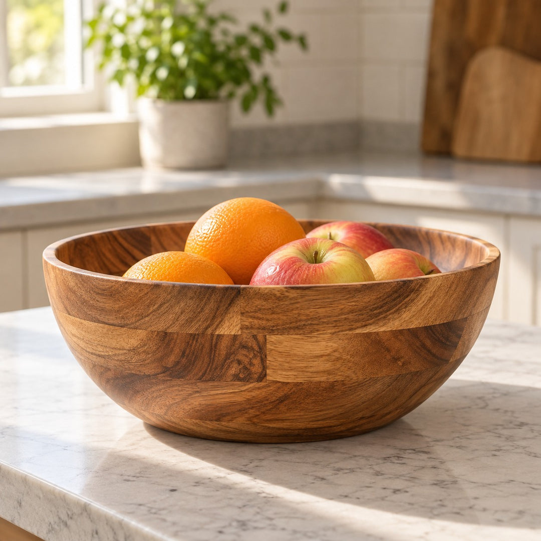 Acacia wood salad bowl holding fruit as a natural accent on a kitchen island.