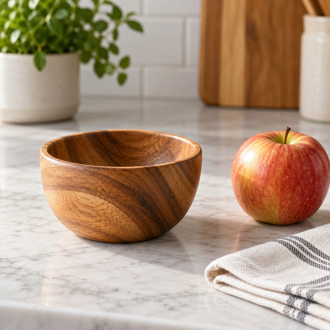 Small acacia wood salad bowl beside an apple to show its compact serving scale.