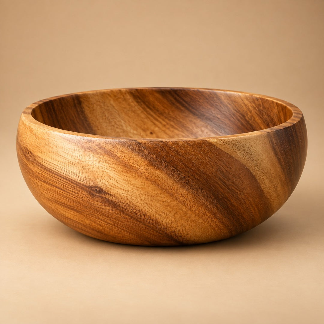 Medium 350 ml acacia wood salad bowl centered on a soft golden studio backdrop.