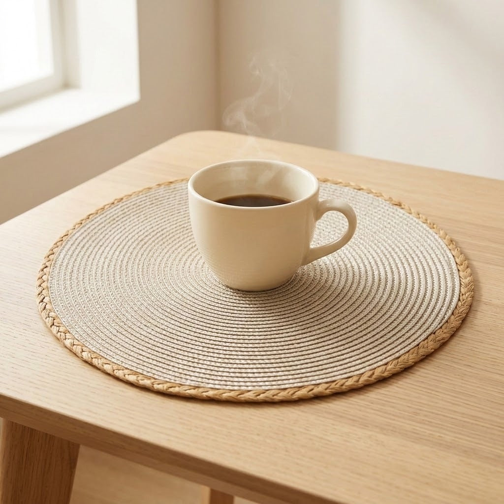 A round woven placemat with a braided edge sits on a light wood table, holding a white ceramic cup of coffee with steam rising.