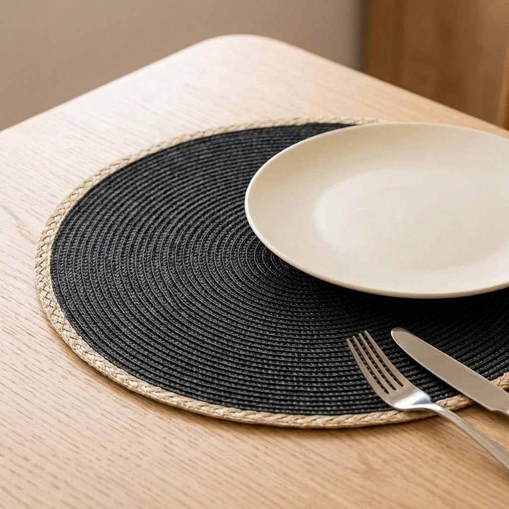 A round black woven placemat with a natural beige braided border, styled on a light wood table with a white plate and silver fork.