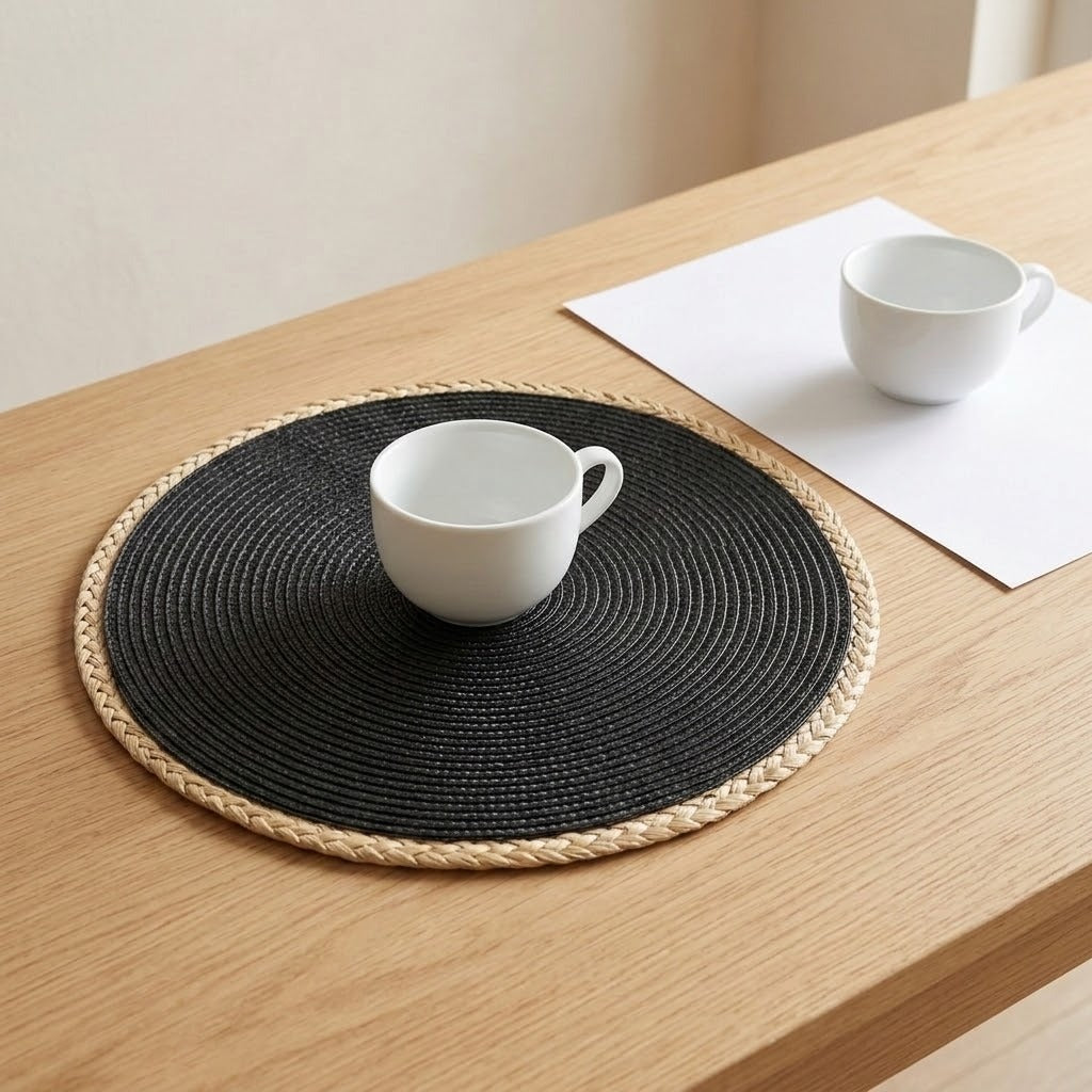A round black woven placemat with a natural beige braided border, styled on a light wood table with a white ceramic cup on top and another cup on a white paper napkin in the background.