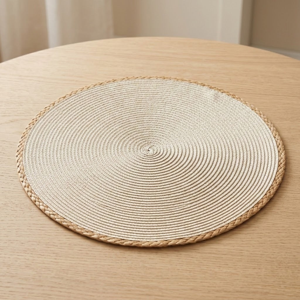A round woven placemat with a braided edge, shown on a light wood table.