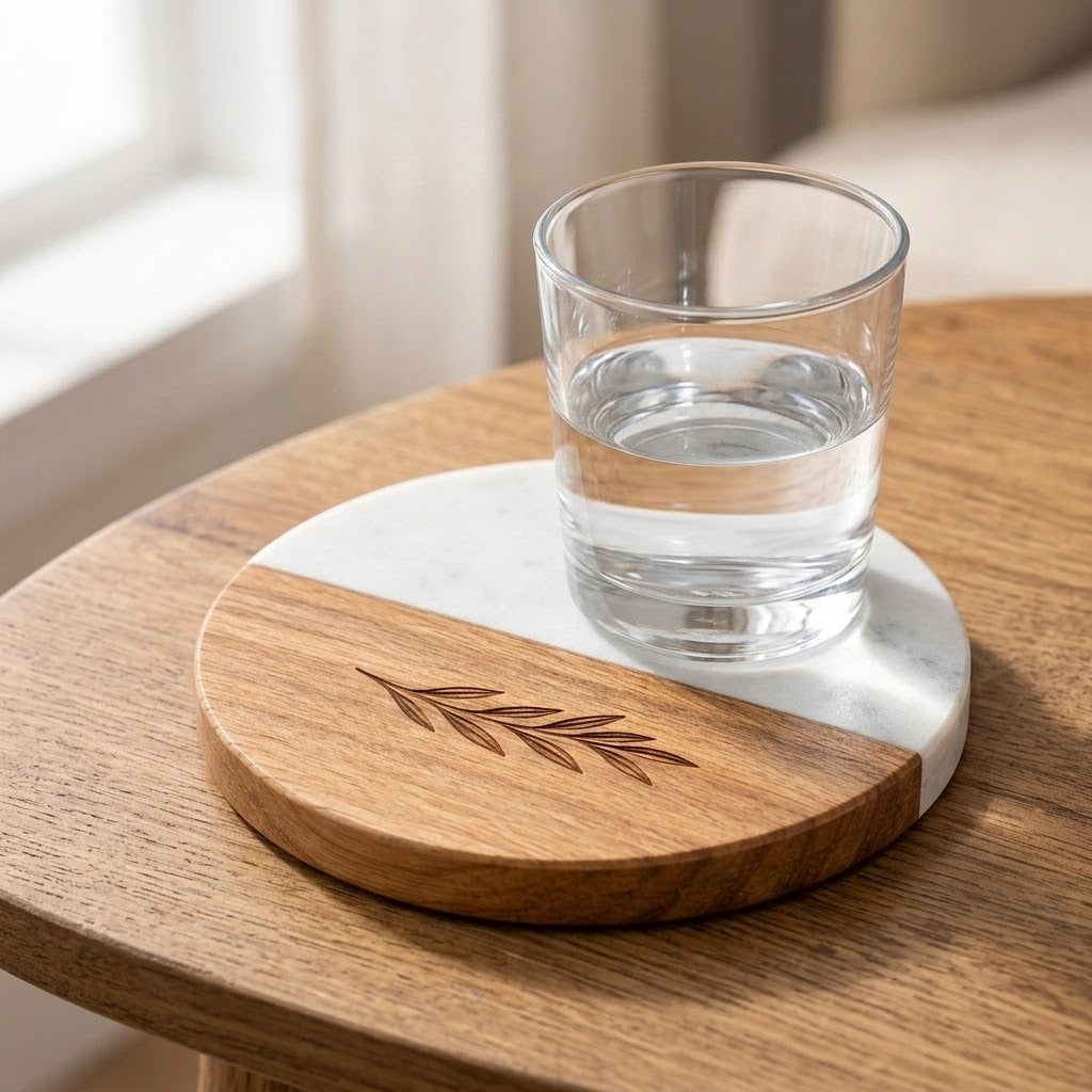 A round wooden and white marble coaster with an engraved leaf design, holding a clear glass of water on a wooden table near a window.