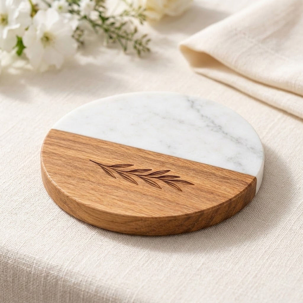 A round half-and-half marble and wood coasters on a beige linen tablecloth with white flowers in the background.