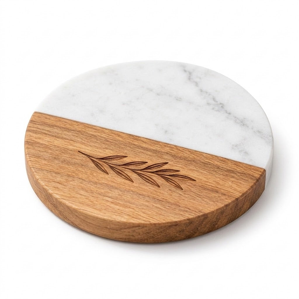 A round serving board or tray made of half wood and half white marble, with a carved leaf design on the wooden side, shown on a white background.