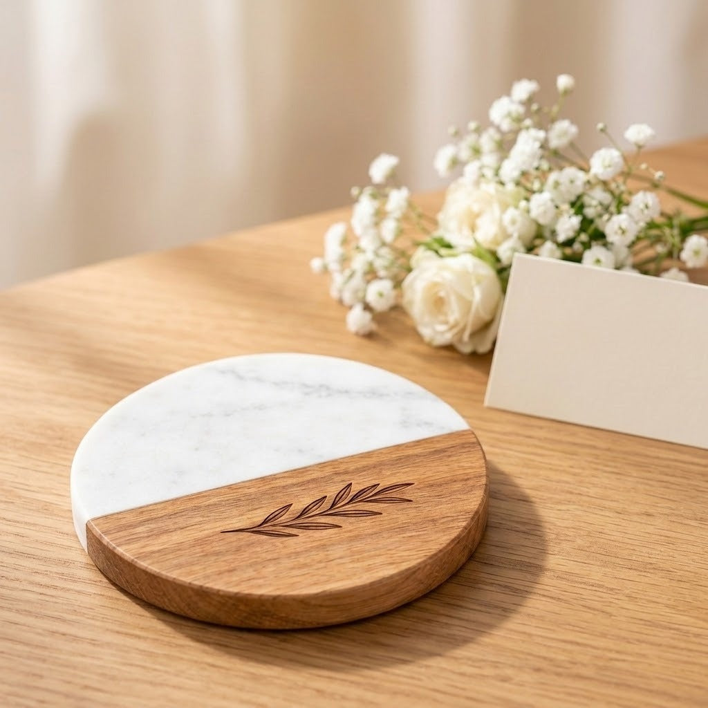Round wooden and white marble coasters on a light wood table with white flowers in the background.