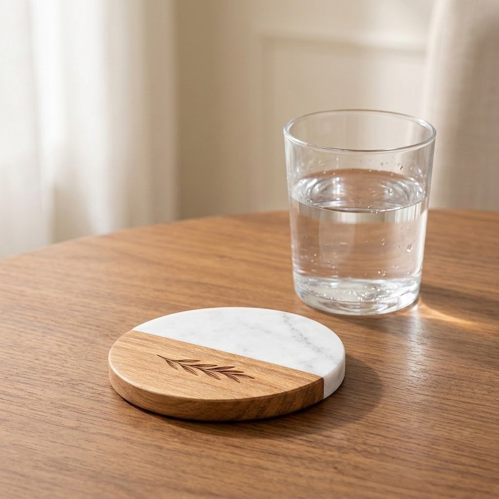A round wooden and white marble coaster with an engraved leaf design sits on a wooden table next to a clear glass of water.