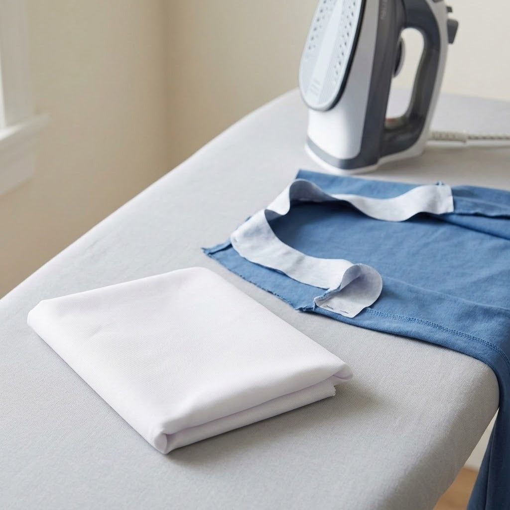 A folded white fabric item sits on a light gray ironing board next to a blue garment with a white neck trim, with a white and gray iron in the background.