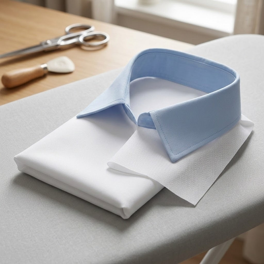A light blue dress shirt collar laid over a folded white shirt on a gray ironing board, with scissors and a wooden-handled ironing accessory visible on a wooden table in the background.