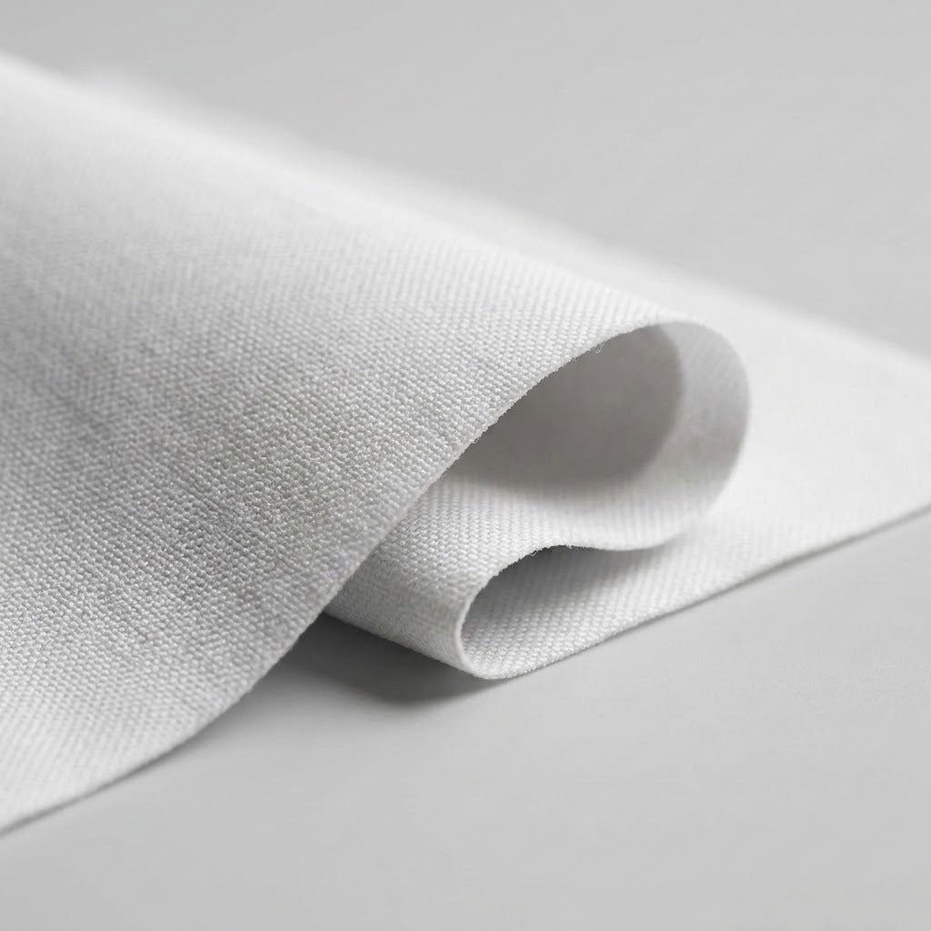 A close-up of a light gray woven fabric, shown rolled over to display its texture and color on a neutral gray background.
