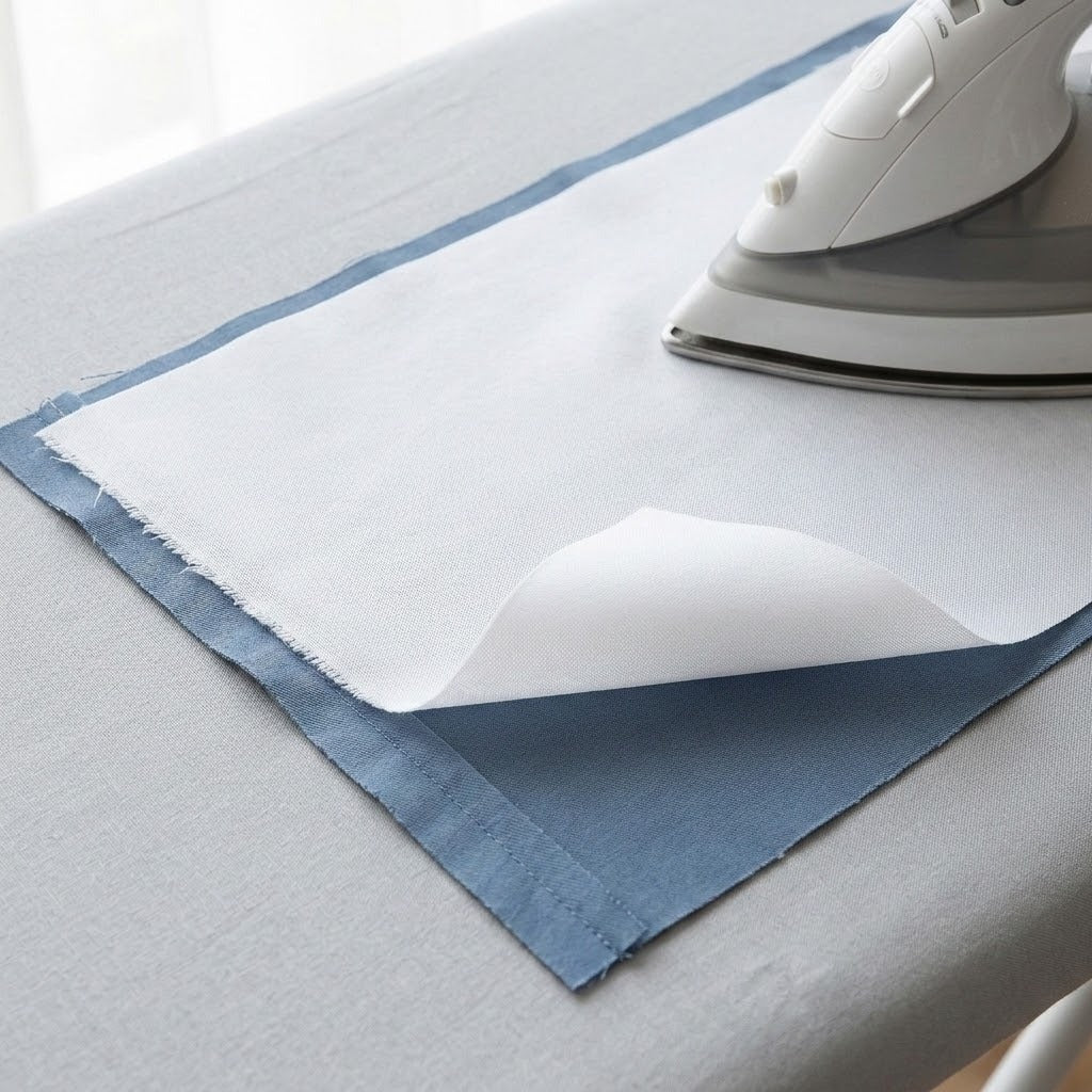 A close-up of a white fabric sheet or towel with blue edges laid on a light gray ironing board, with a white and gray iron resting on top.
