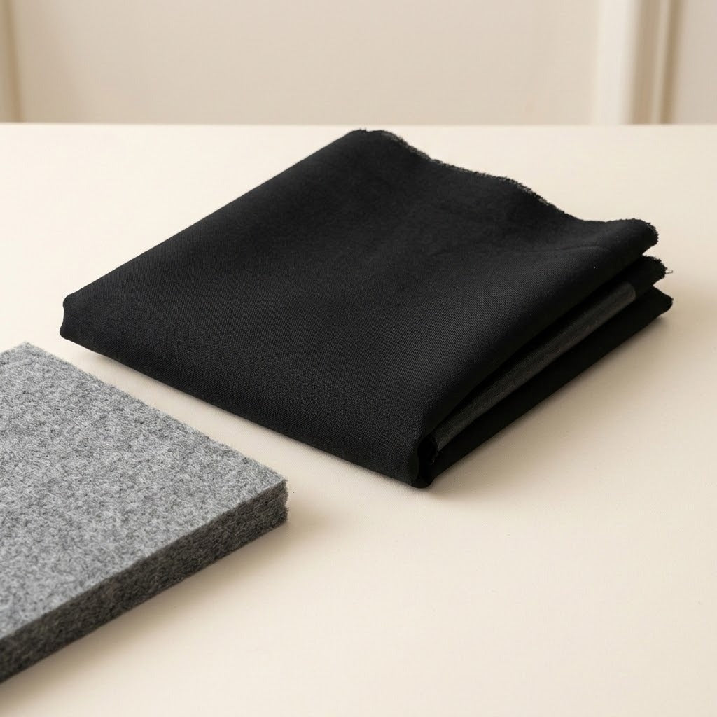 A folded black fabric sample lies on a light beige surface, with a gray felt or wool sample partially visible in the foreground.