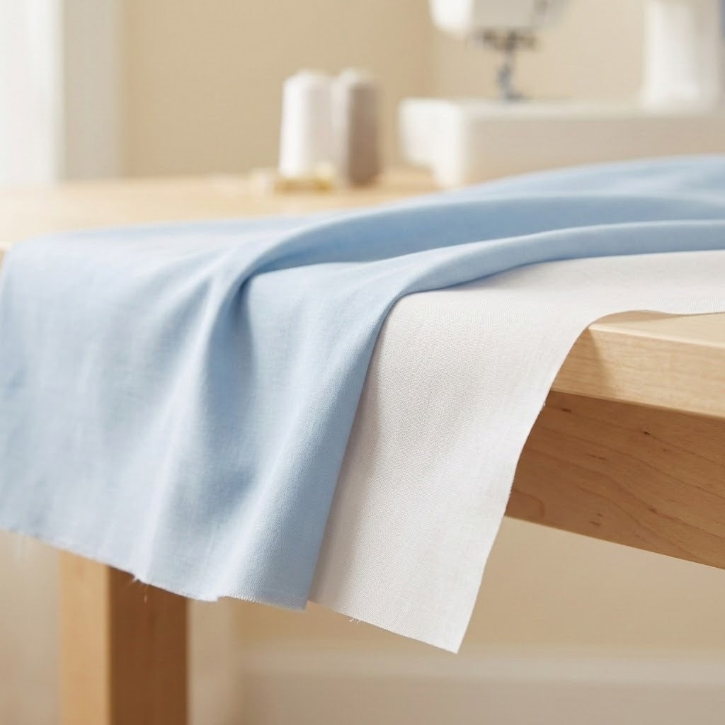 A light blue fabric table runner draped over a light wood table, with a white fabric sheet underneath.
