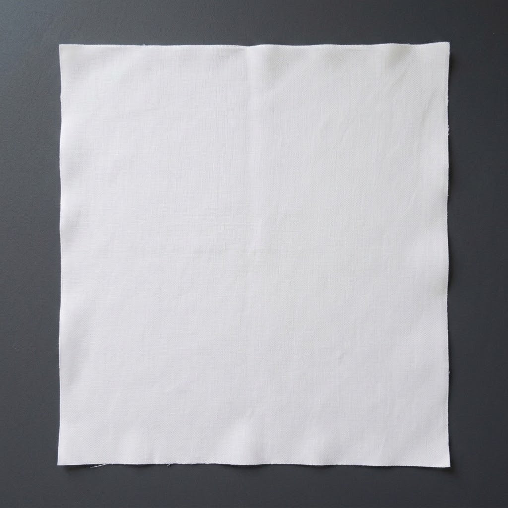 A square white fabric cloth or napkin with slightly raw edges, laid flat on a dark gray textured background.