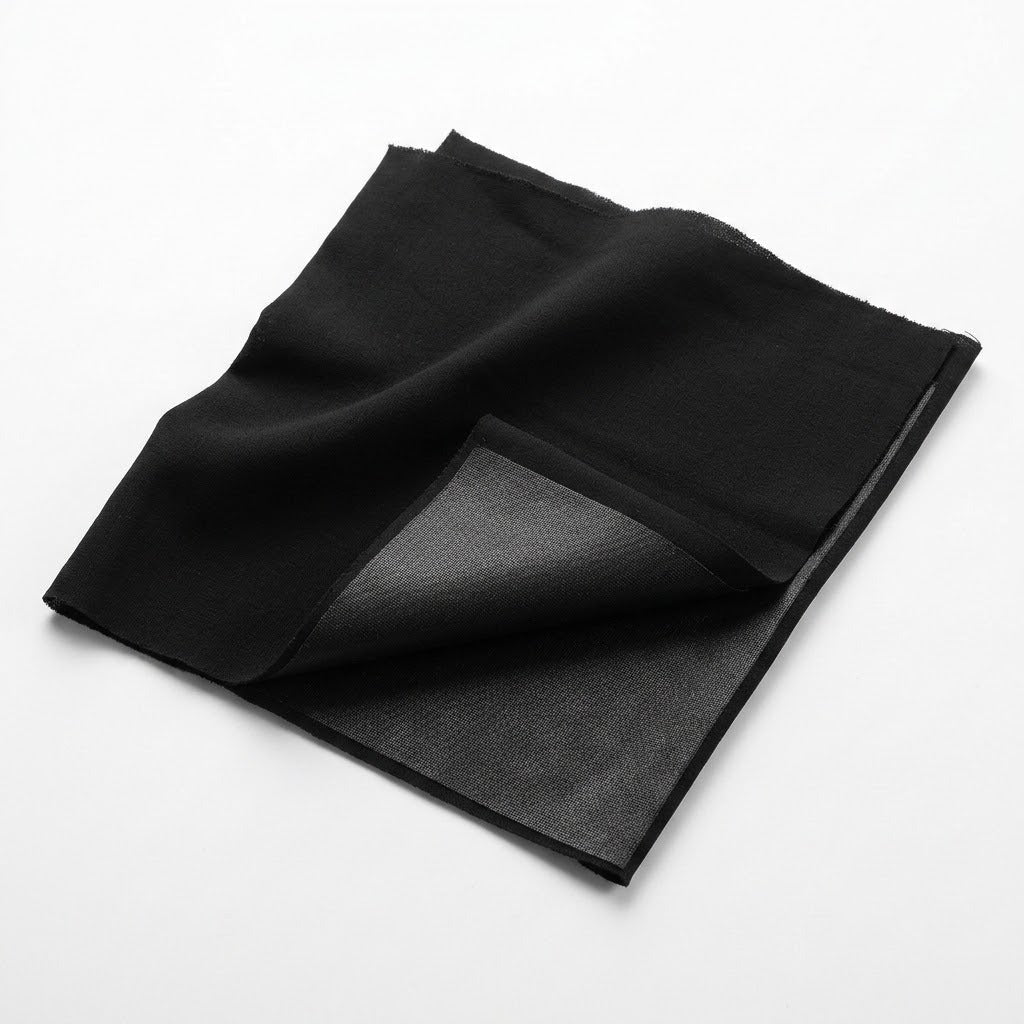 A folded black fabric accessory, likely a pocket square or scarf, displayed on a clean white background.